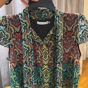 Alice + Olivia Sheila Crest Tile Multicolor Paisley Tie Neck Blouse Top XS